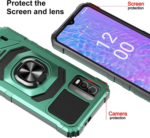 Nokia C210 Case with Tempered Glass Screen Protector, Military Grade Heavy Duty Shockproof Cover with Ring Kickstand,