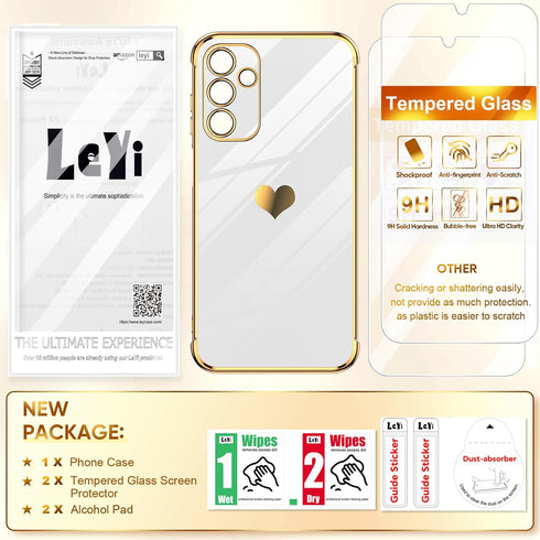 LeYi Galaxy A15 5G Case: Cute Luxury Soft TPU, Tempered Glass Protector & Full Camera Lens Protection, White.