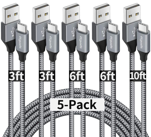 etguuds USB C Cable 5-Pack (3/3/6/6/10 ft) Fast Charging Type C Charger for iPhone 15, Samsung Galaxy