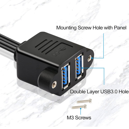 GINTOOYUN Dual USB 3.0 Cable with Panel Mount Screw Hole, 2 Ports USB 3.0 Male to Female Extension Cable, Suitable for Family, Classroom, Office, Conference, Entertainment and More Occasions (0.3m)