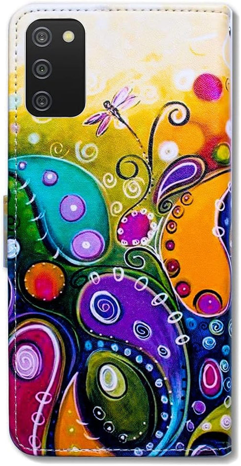 Case for Samsung Galaxy A02s, Colorful Dragonfly Leather Flip Phone Wallet Cover with Card Slot Holder and Kickstand.