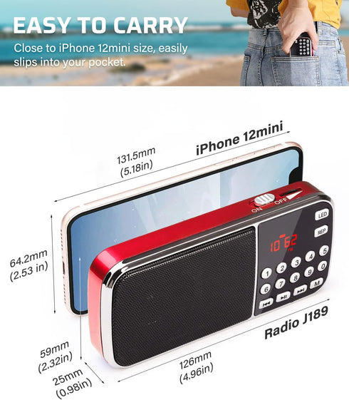 PRUNUS J-189 Bluetooth AM FM Radio, Small Portable Radio - Dual Speaker Heavy Bass, LED Flashlight, Pocket Size, TF Card USB AUX MP3 Player, Rechargeable Battery Operated Small Radio(Red)