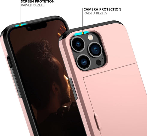 iPhone 13 Pro Case - Nvollnoe with Card Holder Heavy Duty Protective Dual Layer Shockproof - Rose Gold