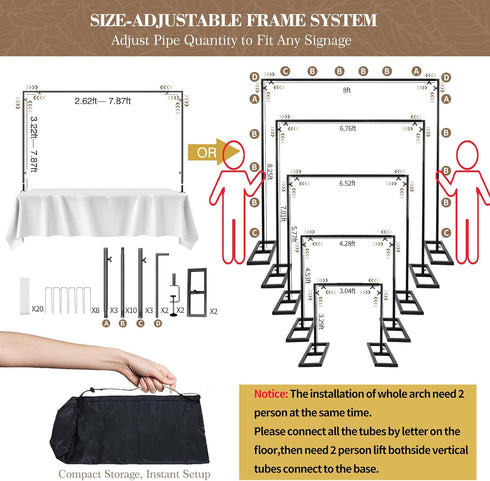 8.2FT 2 Balloon Arch Stand, Square Wedding Arch Frame, Metal Black Heavy Duty Backdrop Adjustable Stand, Extra Clamps