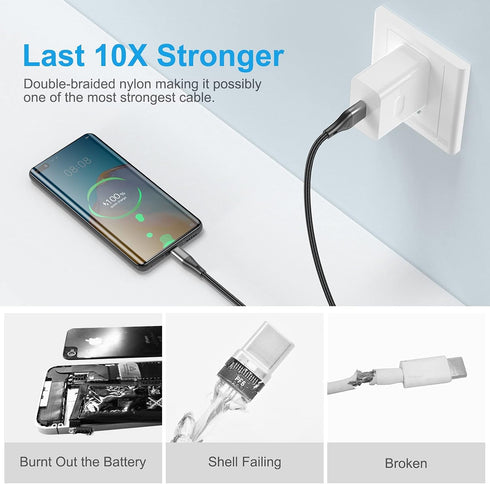 Premium Nylon Braided USB Type C Cable 3-Pack, 3ft, 3A Fast Charging for Samsung Galaxy S21, Note 20, LG V50.