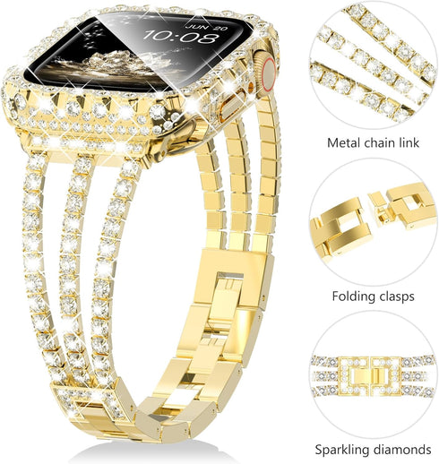 Surace Gold Apple Watch Bands 45mm for Women, Bling Diamond Rhinestone Link Bracelet with 2 in 1 Waterproof Case