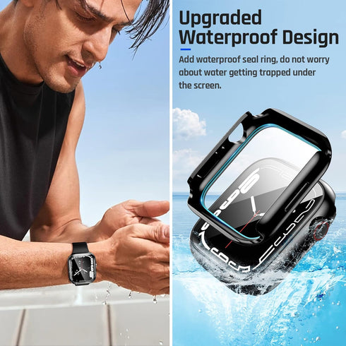 Goton Waterproof Case for Apple Watch 44mm SE (2nd Gen), Tempered Glass Face Cover, Black