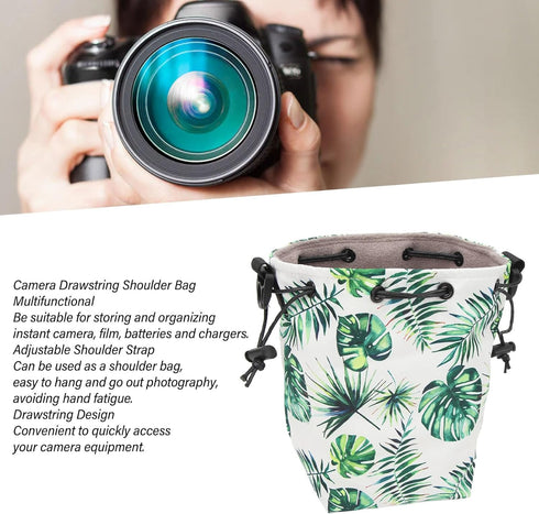 Soft Camera Case Drawstring Bag, Waterproof Camera Bag with Adjustable Strap, Instant Camera Storage Bag Soft Lens Case Portable Shoulder Bag for Photographers Traveling (Green