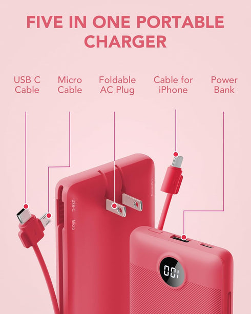 VRURC 10000mAh Portable Charger with Built-in Cables and AC Wall Plug, Compact Lightweight Power Bank for Smartphones,