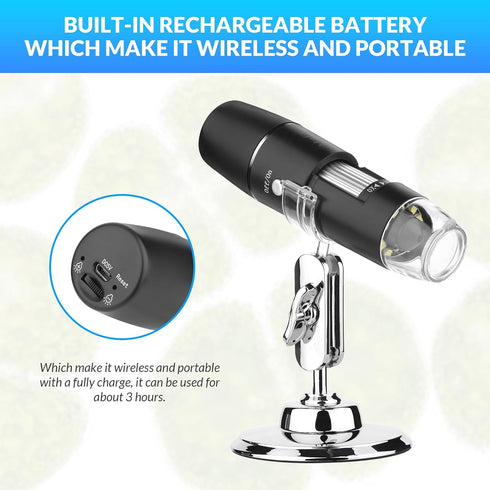Handheld Digital Microscope Wireless Portable for Kids Adults 50x-1000x Magnification with 360 Rotate Stand