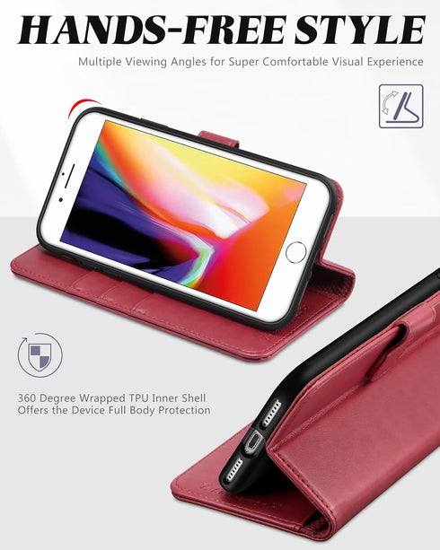 TUCCH Wallet Case for iPhone 8 Plus/7 Plus, Dark Red Magnetic Closure with Card Slots Money Pouch, Stand PU Leather
