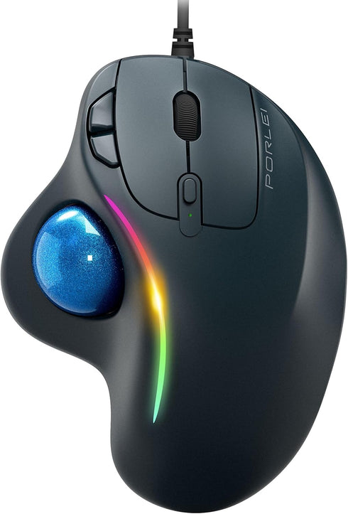 Trackball Mouse Wired, Ergonomic Design, USB Plug&Play, Precision Tracking with 5 Adjustable DPI, RGB Rollerball Mouse
