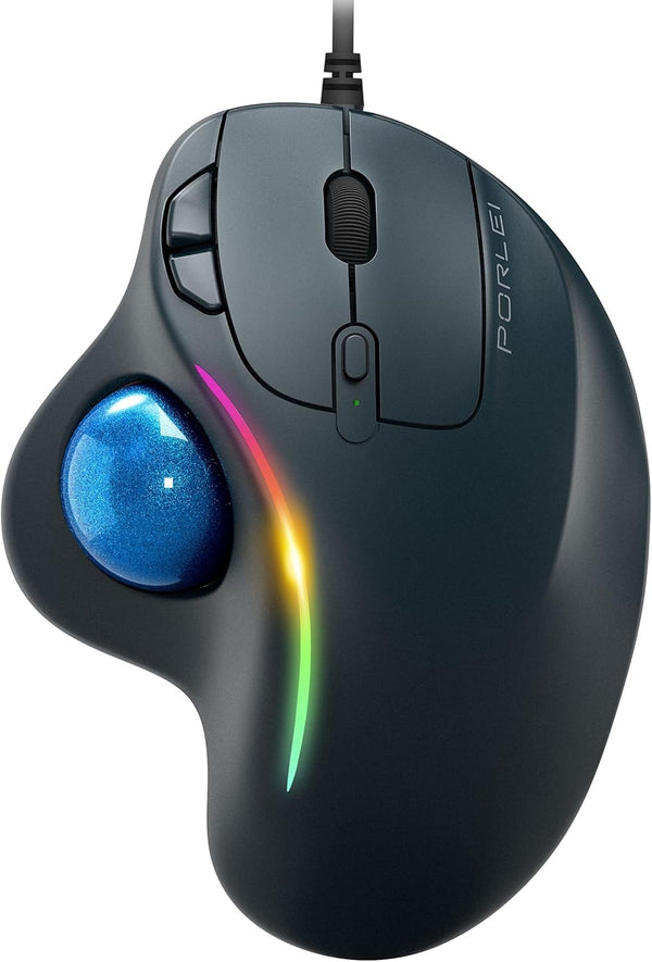 Trackball Mouse Wired, Ergonomic Design, USB Plug&Play, Precision Tracking with 5 Adjustable DPI, RGB Rollerball Mouse
