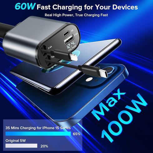 Retractable Car Charger, 60W Fast Charge with 1x Retractable Cable, 1x Type-C Cable, 2X USB Ports for iPhone Galaxy
