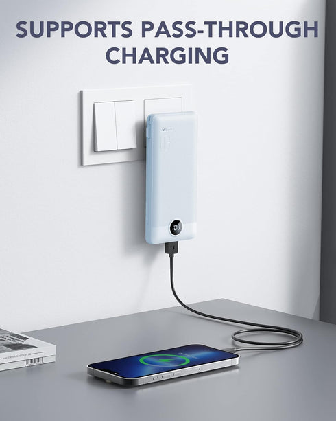 VRURC Portable Charger with Built-in Cables and AC Wall Plug, 10000mAh USB C Power Bank for Smart Phones, Tablets Blue
