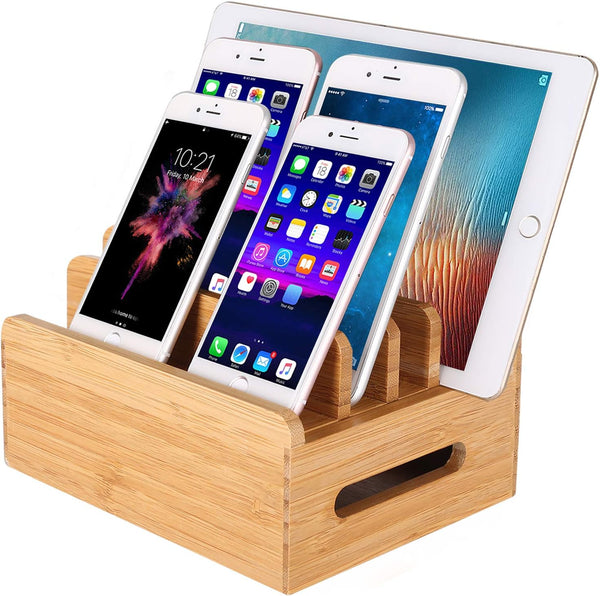 Bamboo Wood Multi-Device Desktop Dock Station Charger Holder Compatible for iPhone 13 12 11 Pro Max XS XR X 8 7 Plus.