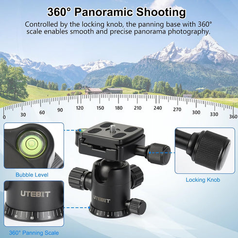 UTEBIT 40MM 360 22lbs/10kg 1/4" Metal Tripod Ball Head with Camera Quick Release Plate Swivel Camera Ball Mount Load