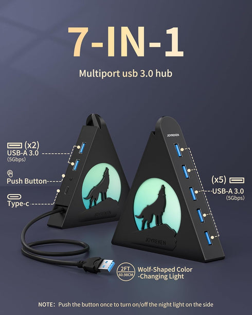 JoyReken 7-Port 3.0 Lighting,5Gbps 2FT PS5, USB Hub, Vertical USB Hub Splitter with RGB High-Speed Data Transfer