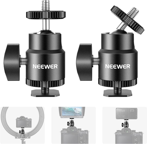 NEEWER Mini Ball Head with Cold Shoe & 1/4” Screw, 2 Pack, 360° Swivel 90° Tilt Ballhead Camera Mount Adapter