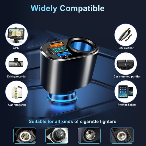 USB C Car Charger, 90W Cigarette Lighter Adapter, Fast Charging PD QC 3.0, Charger Socket Splitter with 3 USB Ports LED