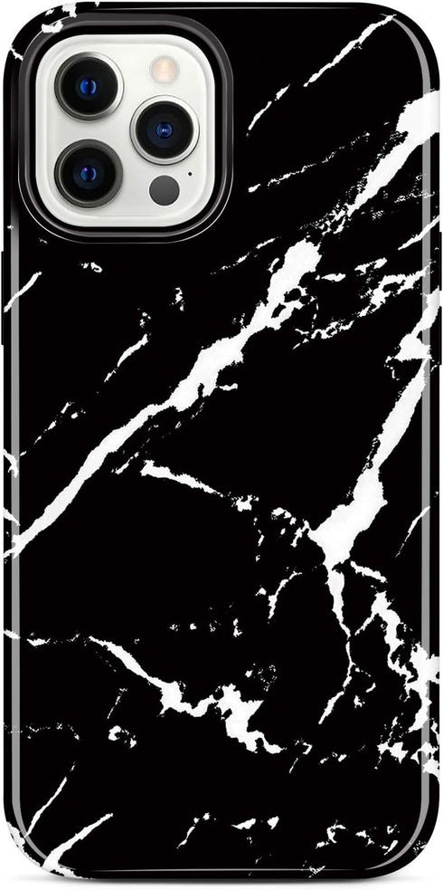 JIAXIUFEN Compatible iPhone 12 Pro Case, Marble Slim Shockproof TPU Soft Rubber Cover (Black)