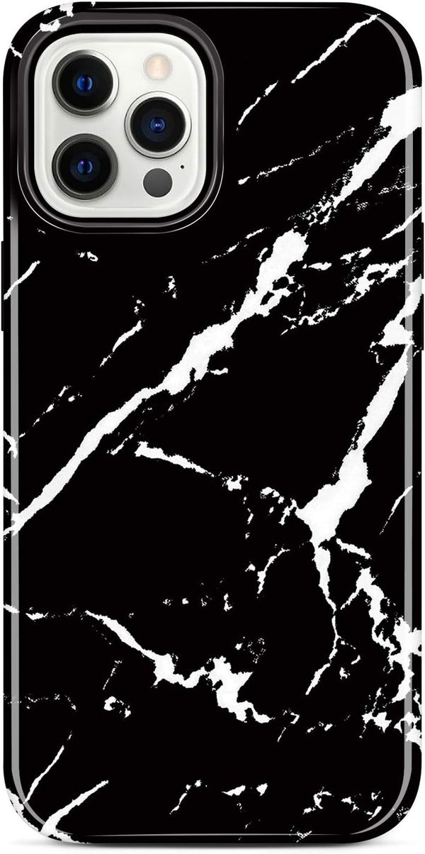 JIAXIUFEN Compatible iPhone 12 Pro Case, Marble Slim Shockproof TPU Soft Rubber Cover (Black)
