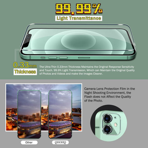 QHOHQ iPhone 12 Screen Protector 3 Pack, Ultra HD, 9H Hardness, Scratch Resistant, with 2 Tempered Glass Lens