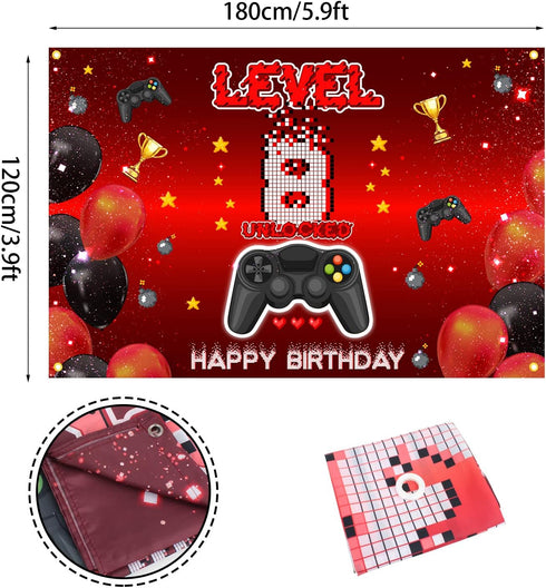 Level 8 Unlocked Backdrop Banner Decorations Video Game On Happy 8th Birthday for Boys Kids Red and Black 8 Years Old Level Up Theme Bday Background Photography Party Decor Sign Supplies
