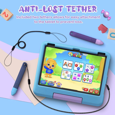 Kid-Friendly Stylus Pens for Touch Screens with Tethers, Mixoo Anti-Rolling Tablet Stylus 2 Pack for Kids, Compatible