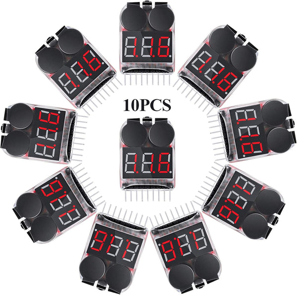 10 Pieces 2-in-1 Lipo Battery Voltage Tester Low Voltage Buzzer Alarm for 1-8s Battery Capacity Monitor