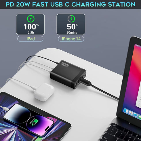 Fast USB C Charging Station, 100W 6-Port Charger Block with 4 USB-C and 2 USB-A Ports for iPhone, iPad, Galaxy