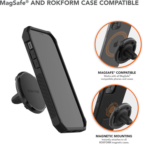 ROKFORM Double Magnetic Air Vent Holder, Aluminium Car Holder, Super Grip Clip, Black, Compatible with MagSafe Phones