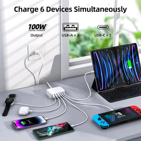 USB C Charger Block, 100W GaN 6 Port PD USB C and QC USB A Wall Charger Adapter, Super Fast Charging Station Hub for