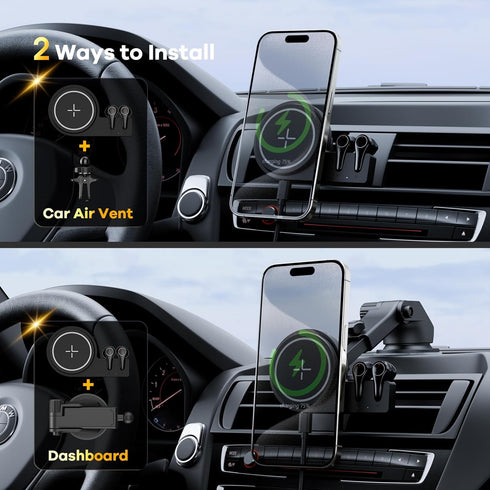 Magsafe Car Mount Charger & Bluetooth Earbud, 15W Magnetic Wireless Car Charger for iPhone 15/14/13/12 Series