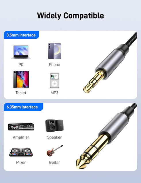 3.5mm 6.35mm 3.3FT, 6.35 1/4" 3.5 1/8" to Stereo Audio Cable Male to Male TRS Stereo Audio Cable for Guitar, Laptop