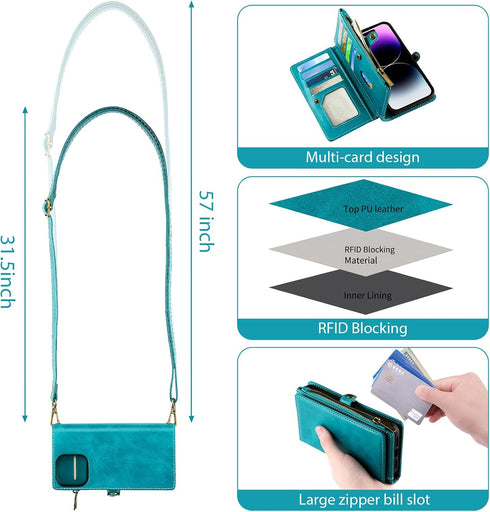MInCYB iPhone 13 Wallet Case with Card Holder (12 Card Slots), PU Leather, Wireless Charging, Shockproof, Blue
