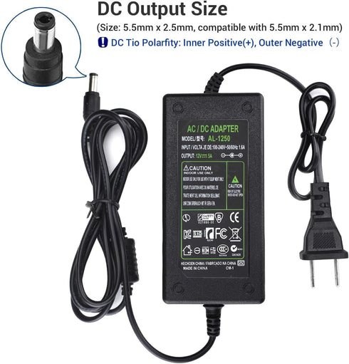 DC 12V 5A Power Supply Adapter, US Plug, 4.6FT Power Cord for LED Strip, Light, Cameras CCTV