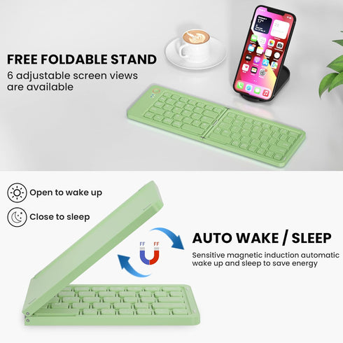 Mini Foldable Bluetooth Keyboard - Portable Wireless Full Size Keyboard (Sync Up to 3 Devices), Ultra-Slim Aluminum Travel Folding Keyboard for iPhone iPad Mac Android Windows iOS (Green)