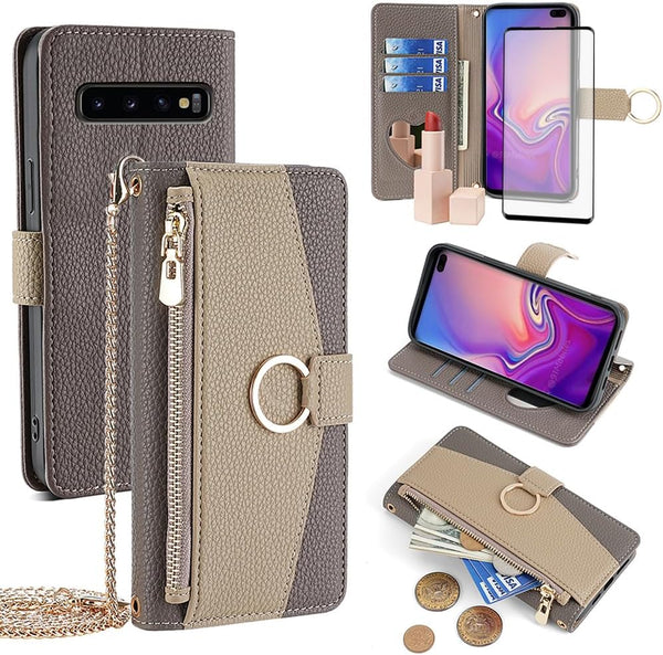 Asuwish Wallet Phone Case for Samsung Galaxy S10 Plus - Gray, with Screen Protector, Mirror Flip, Card Holder & Strap.