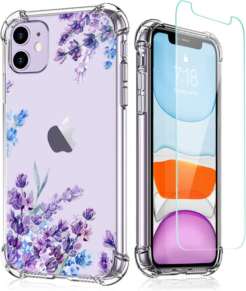 Flower Designed iPhone 11 Case with Screen Protector, Floral Clear Shockproof Full Body Soft Bumper Cover 6.1 Inch