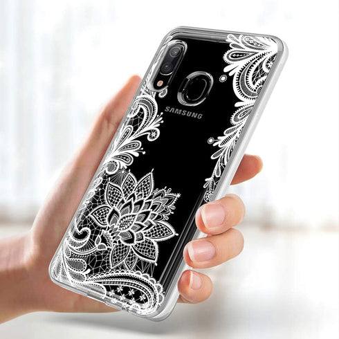 for Galaxy A20 Case - Shockproof Clear Floral Soft TPU Slim Phone Cover for Samsung Galaxy A20, White Mandala