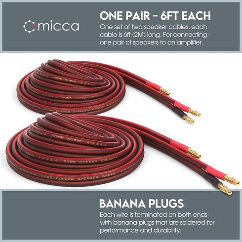 Micca 14 Gauge Pure Copper Speaker Wire, 6 Feet 2 Pack, Gold Plated Banana Plugs, Soldered Construction, Slim Design, 245 Strands, for Stereo or Home Theater, 2 Meters Pair by Micca