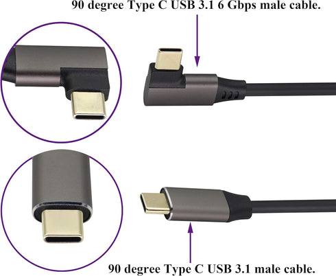 Right Angle Type C 3.1 Extension Cable - 4K@60Hz 90 Degree Type C USB Male to Male Connector Cable (1M/3Ft)