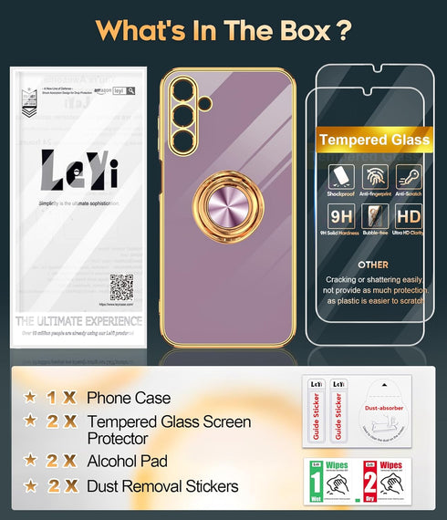 LeYi Samsung Galaxy A15 5G Case with Tempered Glass Screen Protector, 360° Rotatable Ring Holder, Purple