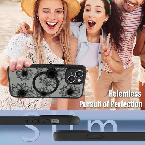 OOK Phone Case for iPhone 13, Black Frosted Shockproof Cover with Cute Sunflower Floral Blooms Design, Compatible with