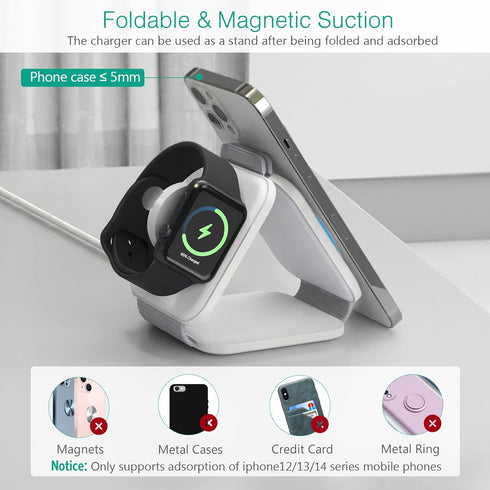 ORIA 3 in 1 Foldable Wireless Charger, Fast Charging Pad with Indicator Light, Foldable Charging Station for iOS, i