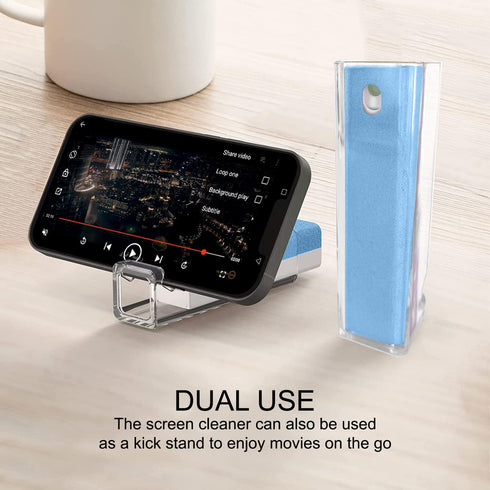 2 Acuvar 3 in 1 Reusable Fingerprint Proof Screen Mist Spray Cleaner with Microfiber and Phone Stand for Phones, Tablets, Laptops, & Car Screens (Blue)