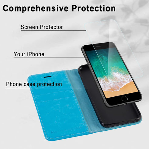 MONASAY Wallet Case for iPhone 8 Plus, iPhone 7 Plus, Light Blue Flip Folio Leather Cover with Credit Card Holder &