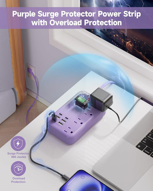 Beeiker 6 USB(2 5Ft 24W 4 USB C) Purple Travel Power Strip- Lavender Extension Cord with USB Charging Station