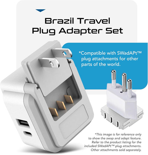 Ceptics Brazil Power Plug Adapter Travel Set - 20W PD & QC, Safe Dual USB & USB-C, Compact & Powerful